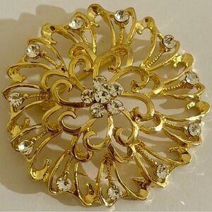 Vintage Style Gold Tone Rhinestone Floral Brooch Pin Large Statement Filigree